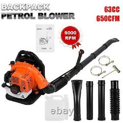 Backpack Leaf Blower Gas Powered Snow Blower 650CFM 190MPH 63CC 2-Stroke 2.3HP