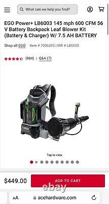 EGO LB6002 180 MPH, 600 CFM Backpack Leaf Blower with 5Ah Battery and Charger NEW