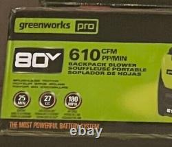 GreenWorks 80-Volt 2.5Ah 610-Cfm Axial Fan Brushless Backpack Blower NIB withBATT