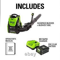 Greenworks Pro 80V (180 MPH / 610 CFM) Cordless Backpack Leaf Blower, 2.5Ah Batt