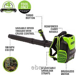 Greenworks Pro 80V 180 MPH Brushless Cordless Backpack Leaf Blower Tool Only