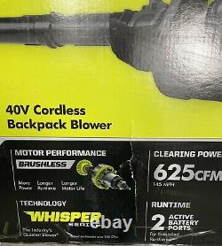 Ryobi 40V Whisper Backpack Blower Brushless 625 CFM With 5.0 Ah Battery & Charger